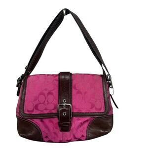 Coach Pink Hampton Signature C Canvas & Brown Leather Hobo Bag Y2K # F13018